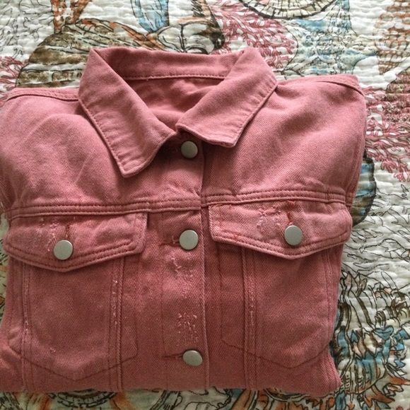 Denim Jacket NEW Large Raw Hemline Coral Salmon in Color - Picture 14 of 16